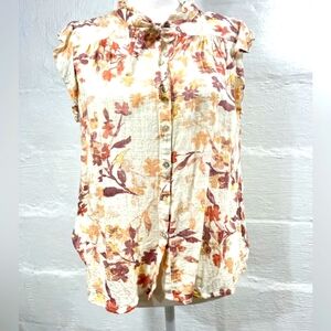 Lovestitch Floral Button-Up Top - Cream and Orange